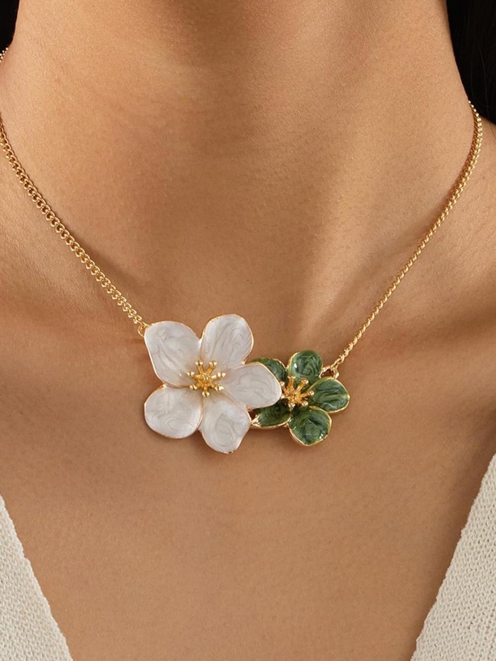 Gold Floral Pendant Necklace with White and Green Blooms